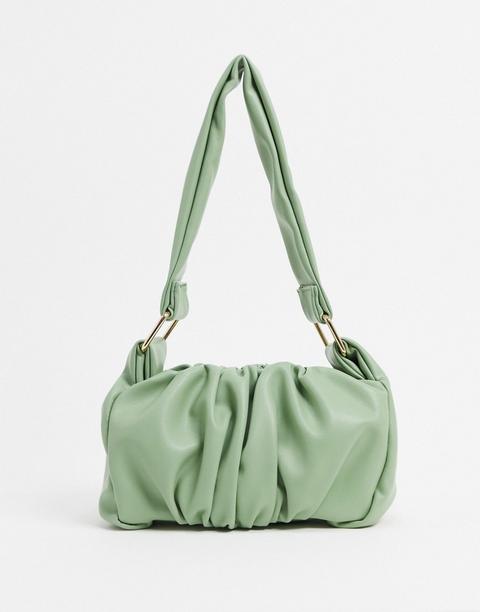 Asos Design Ruched 70s Shoulder Bag With Hardware Strap In Sage Green