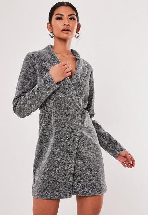 Silver Glitter Wrap Front Blazer Dress, Silver