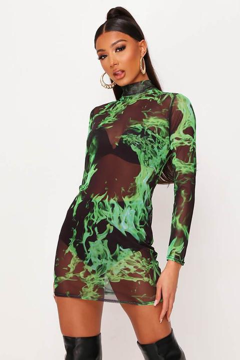 Green Flame Print Mesh High Neck Bodycon Dress , Green