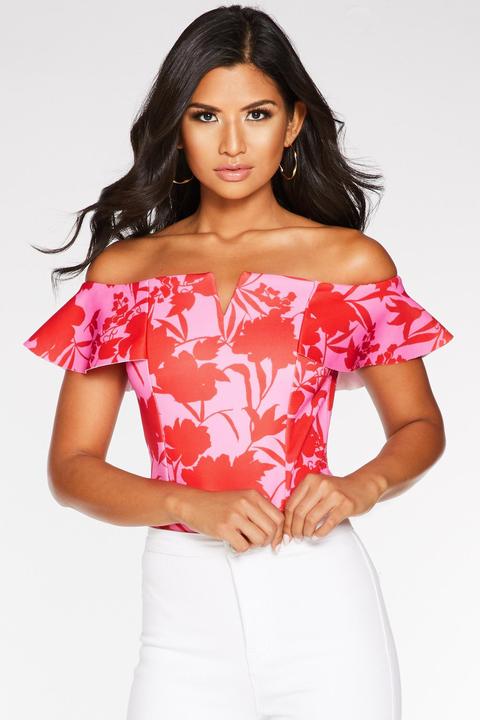 Pink And Red Bardot V Bar Bodysuit