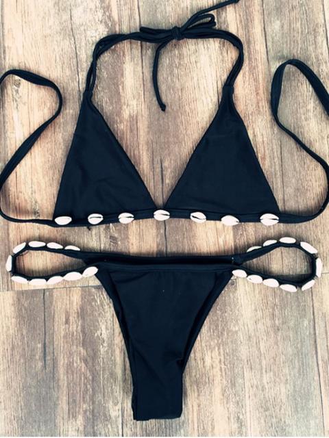 Con Negro Shell Cabestro Conjunto Del Bikini