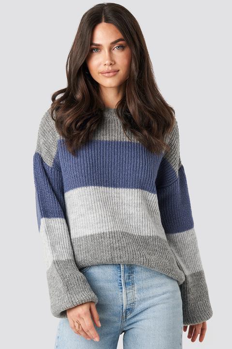 Color Striped Balloon Sleeve Knitted Sweater Grau