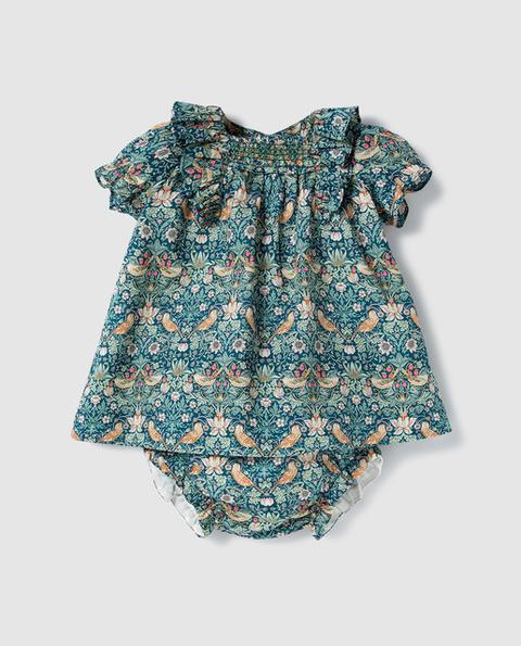 Dulces - Vestido De Bebé Niña En Verde Oscuro Con Estampado Liberty