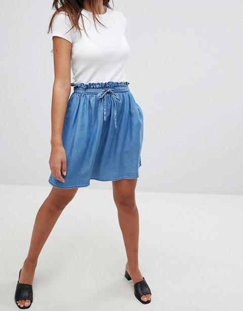 Asos Design Denim - Gonna Di Jeans Blu Medio Délavé Con Vita Raccolta Con Cintura - Blu