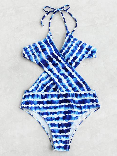 Tie Dye Striped Backless Crossover Halter Monokini