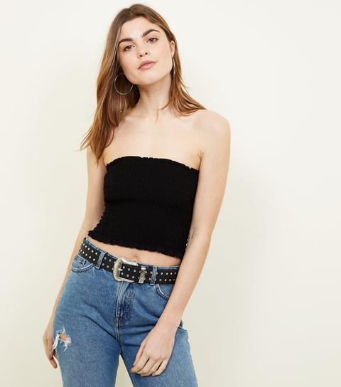 Black Shirred Bandeau Top New Look