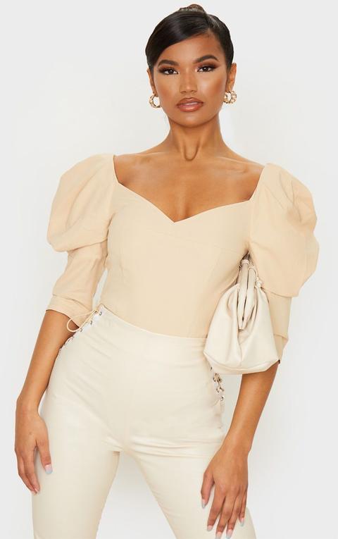 Sand Woven Puff Sleeve Bodysuit