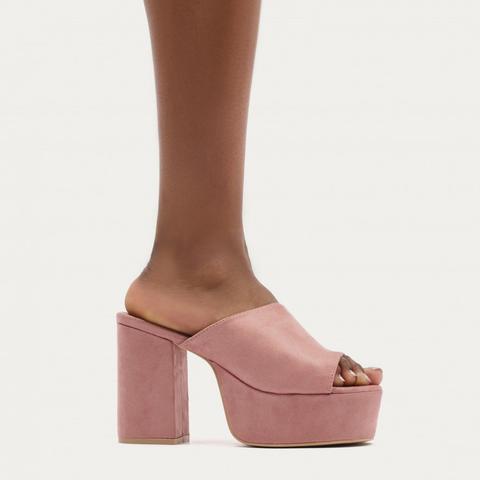 Misty Platform Backless Mules In Rose Pink Faux Suede