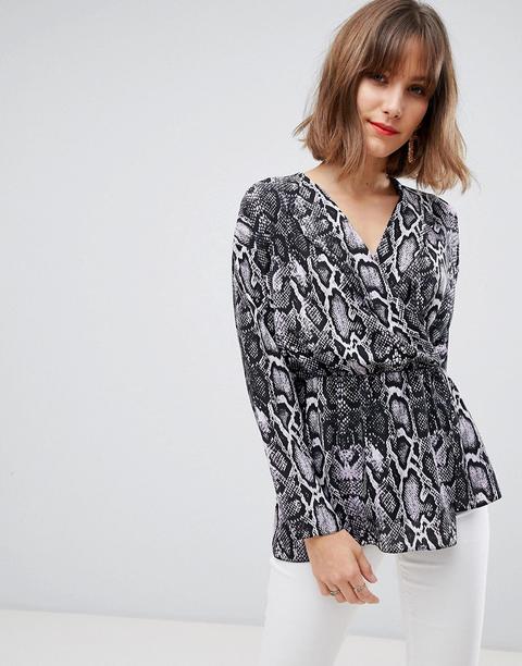 Asos Design Long Sleeve Asymmetric Wrap Top In Snake Animal Print