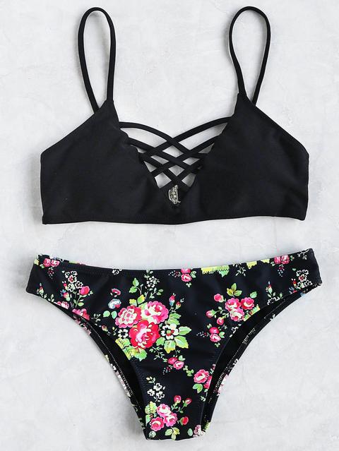 Top Bikini Con Incrocio Sul Retro Con Slip Bikini Floreale