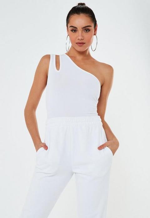 White Rib Double Strap One Shoulder Bodysuit, White