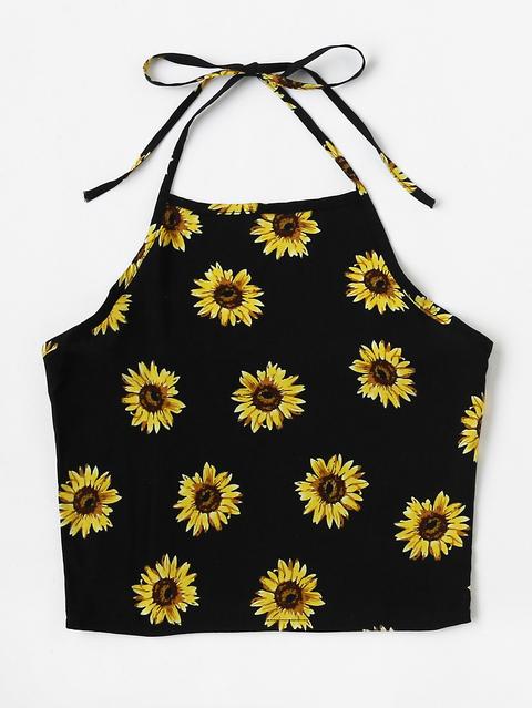 Halter Neck Chrysanthemum Print Random Top