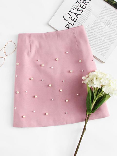 Pearl Beaded Zip Up Back Skirt