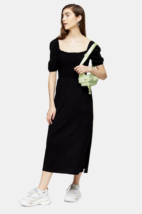 Womens Black Shirred Midi Dress - Black, Black