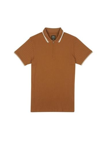 Mens Toffee Brown Rib Zip Neck Polo Shirt, Brown