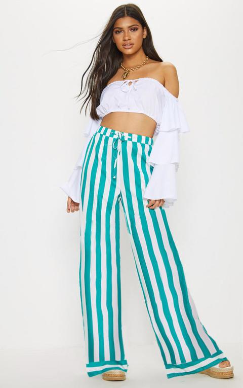 Green Drawstring Waist Stripe Wide Leg Trouser