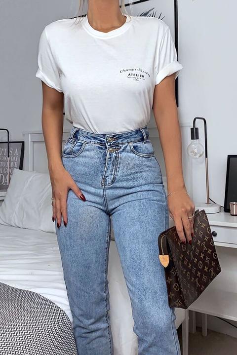 White Champs Elysees Print Oversized Tshirt