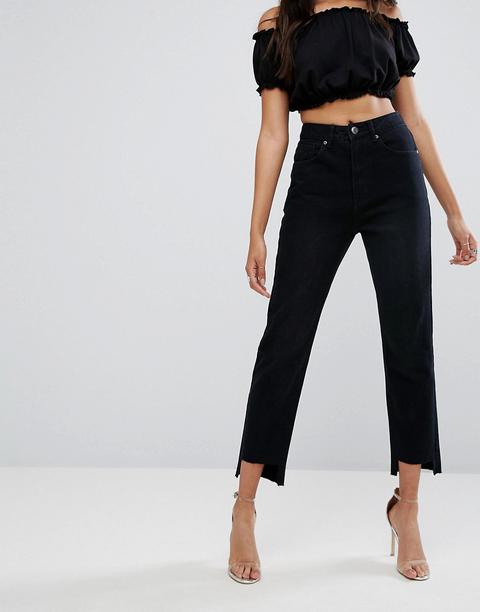 Boohoo - Mom Jeans Vita Alta Con Fondo Asimmetrico - Nero