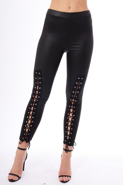 Black Lace Up Pu Leggings - Shania