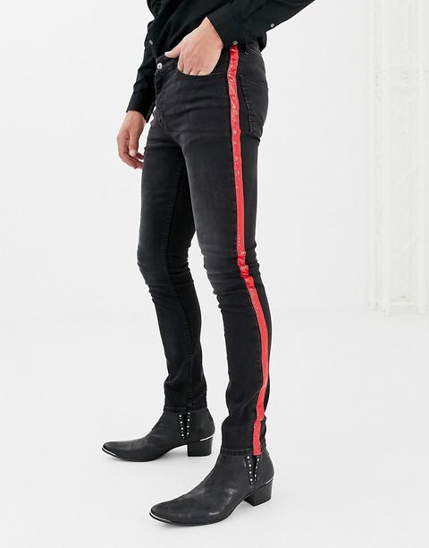 Asos Design - Jeans Super Skinny Nero Slavato Con Riga Laterale In Vinile Rosso - Nero