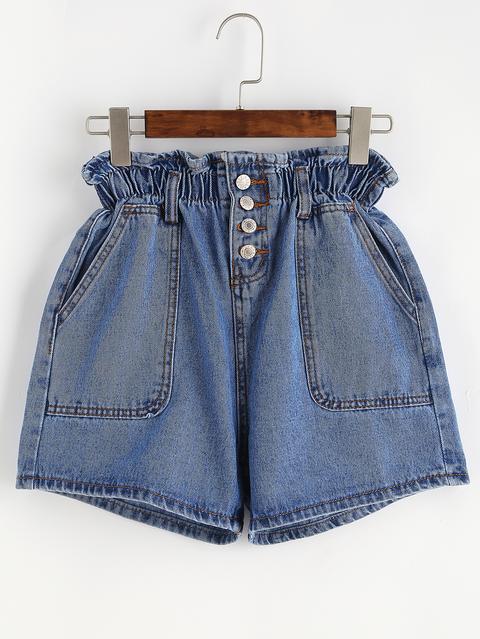 Shorts Con Una Botonadura De Cintura Elástica En Denim - Azul