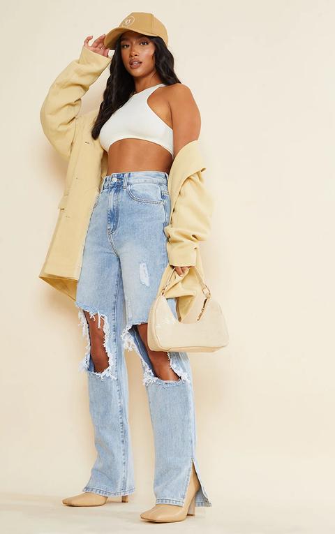 Petite Light Blue Ripped Knee Split Hem Denim Jeans