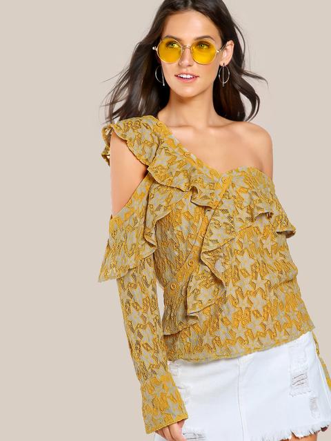 Blusa Con Hombro Asimétrico De Bordado Con Detalle De Volantes