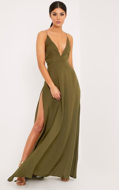 Beccie Khaki Extreme Split Strappy Back Maxi Dress