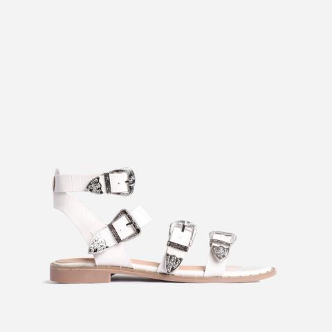 Oscar Buckle Detail Flat Gladiator Sandal In White Croc Print Faux Leather, White