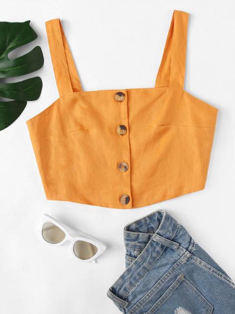 Shirred Back Button Through Crop Top