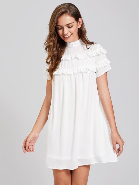 Band Collar Frill Detail Dress