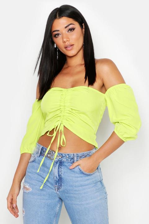 Womens Woven Ruched Off Tie Shoulder Crop - Green - 8