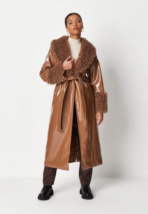 Tan Faux Fur Vinyl Trench Coat, Tan