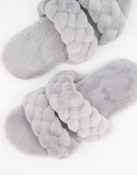 Public Desire Cozi Slippers In Grey Faux Fur