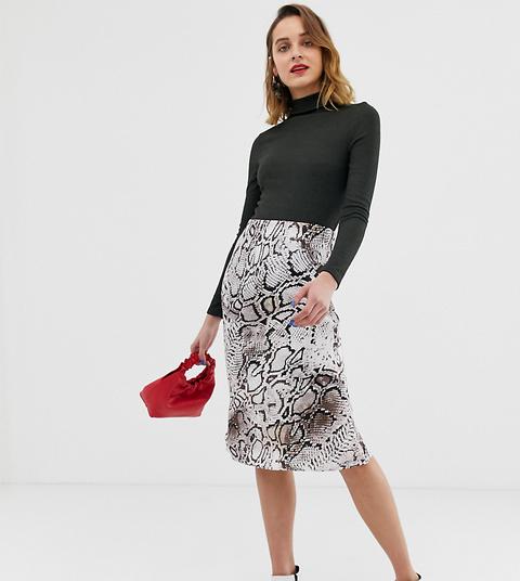 River Island - Gonna Midi In Raso Con Taglio In Sbieco Pitonata - Nero