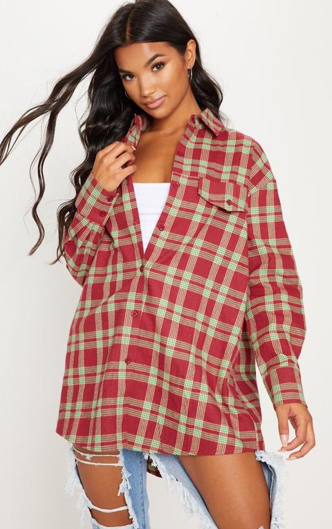 Burgundy Tartan Checked Oversized Shirt