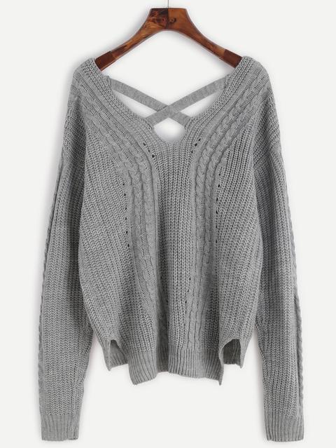 Grey Cable Knit Criss Cross Back Sweater