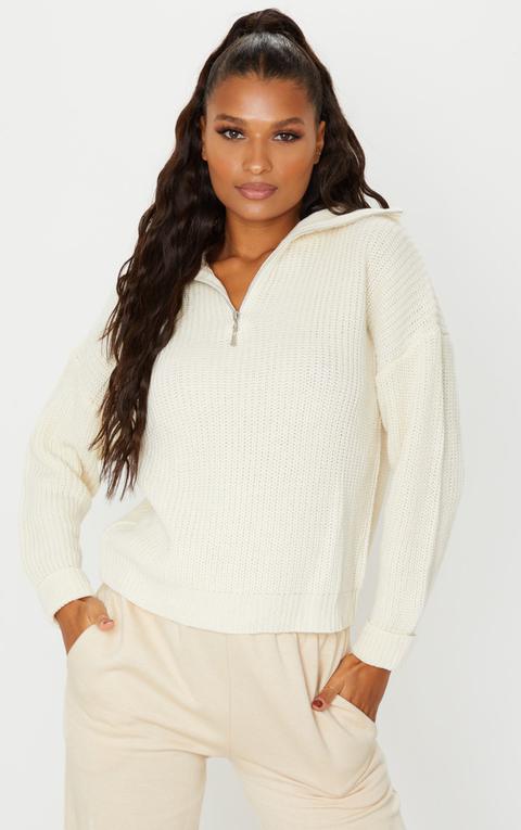 Pull Oversize En Maille Tricot Crème Zippé, Crème