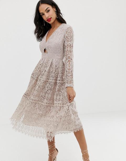 asos design lace long sleeve midi prom dress