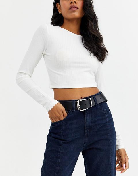 Asos Design Leather Tipped Jeans Belt In Black With Shiny Silver Metal