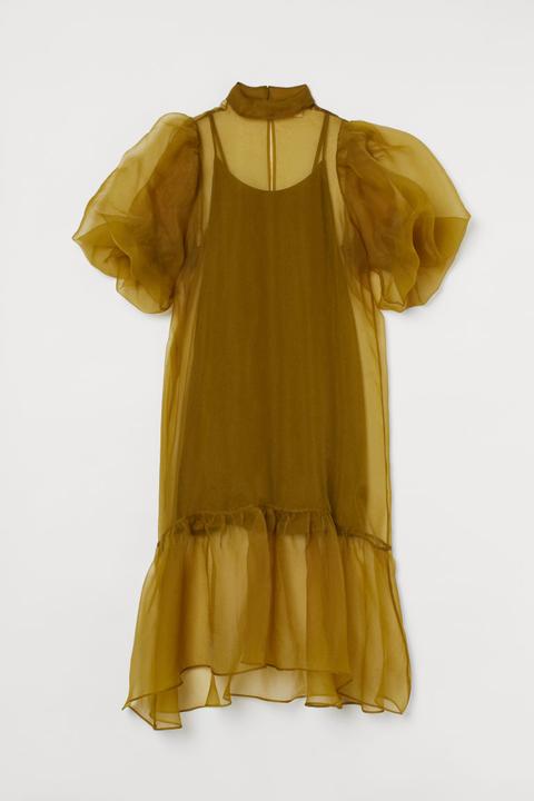 Balloon-sleeved Organza Dress - Green