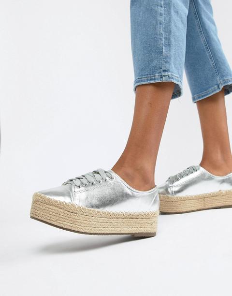 Glamorous - Metallic-sneaker Mit Flacher Plateausohle Aus Stroh - Silber