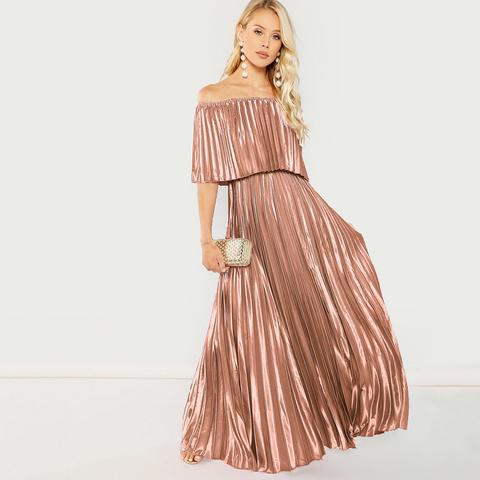 bardot pleated maxi prom dress