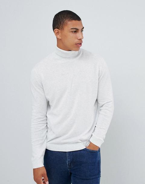 Asos Design Cotton Roll Neck Jumper In White Marl