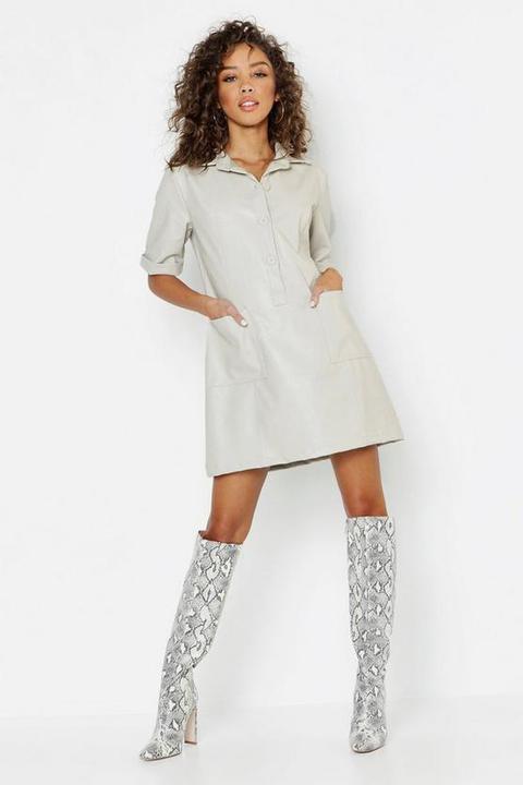 Womens Faux Leather Pocket Shirt Dress - Cream - 12, Cream