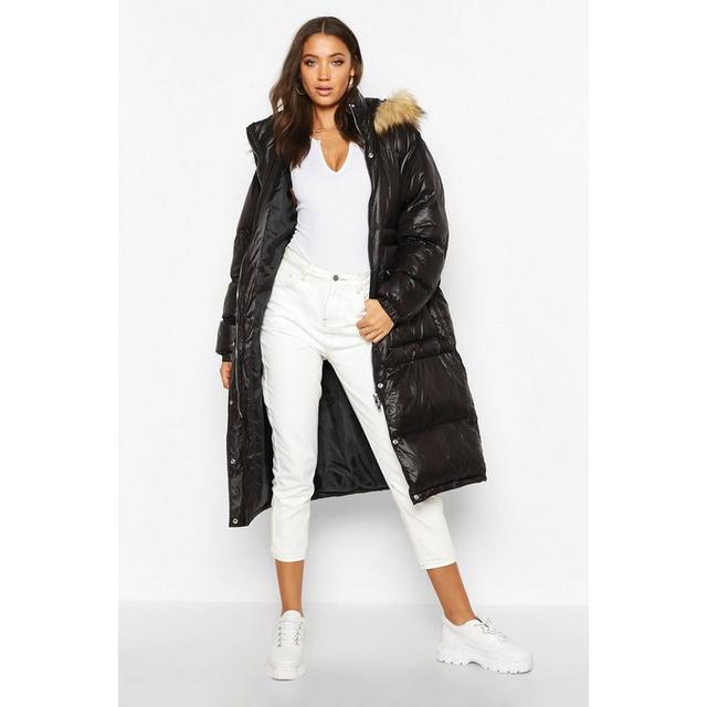 longline padded coat with fur hood