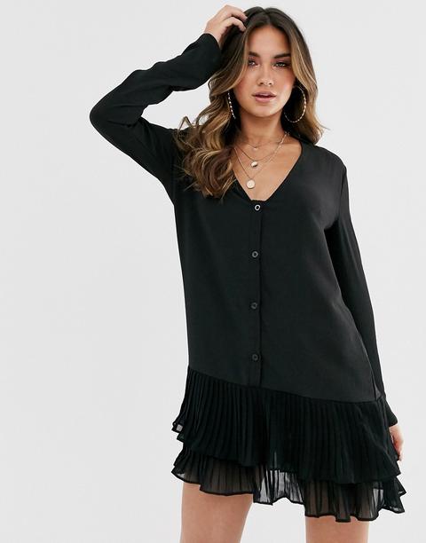 Missguided - Vestito A Trapezio Con Scollo A V E Fondo A Pieghe Nero - Nero