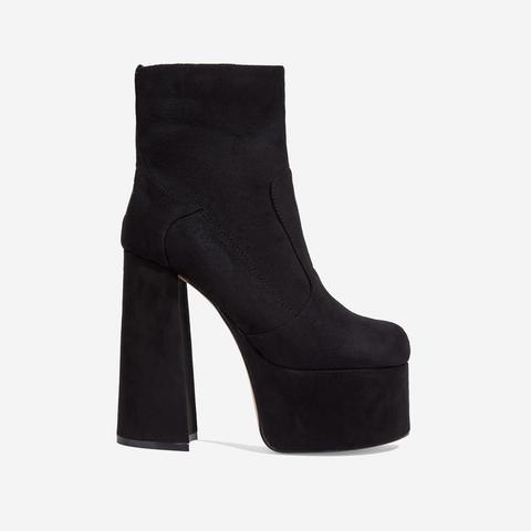 Steal Platform Block Heel Ankle Boot In Black Faux Suede, Black