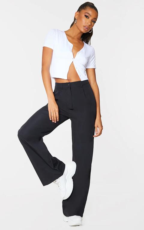 Black Peach Skin Straight Leg Trousers