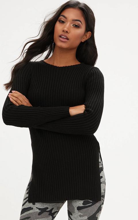 Black Ribbed Round Neck Side Split Jumper, Black